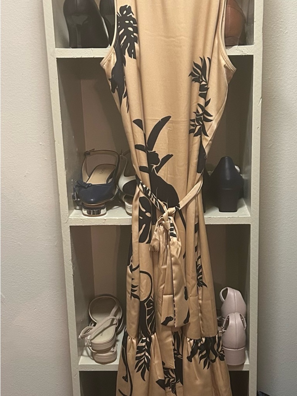 Sleeveless Beige Tropical Print Maxi Dress with Waist Tie  Ann Taylor